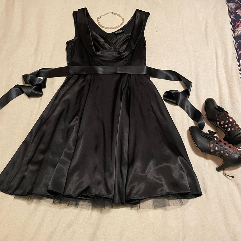 Black Satin formal Dress with Ribbon tie